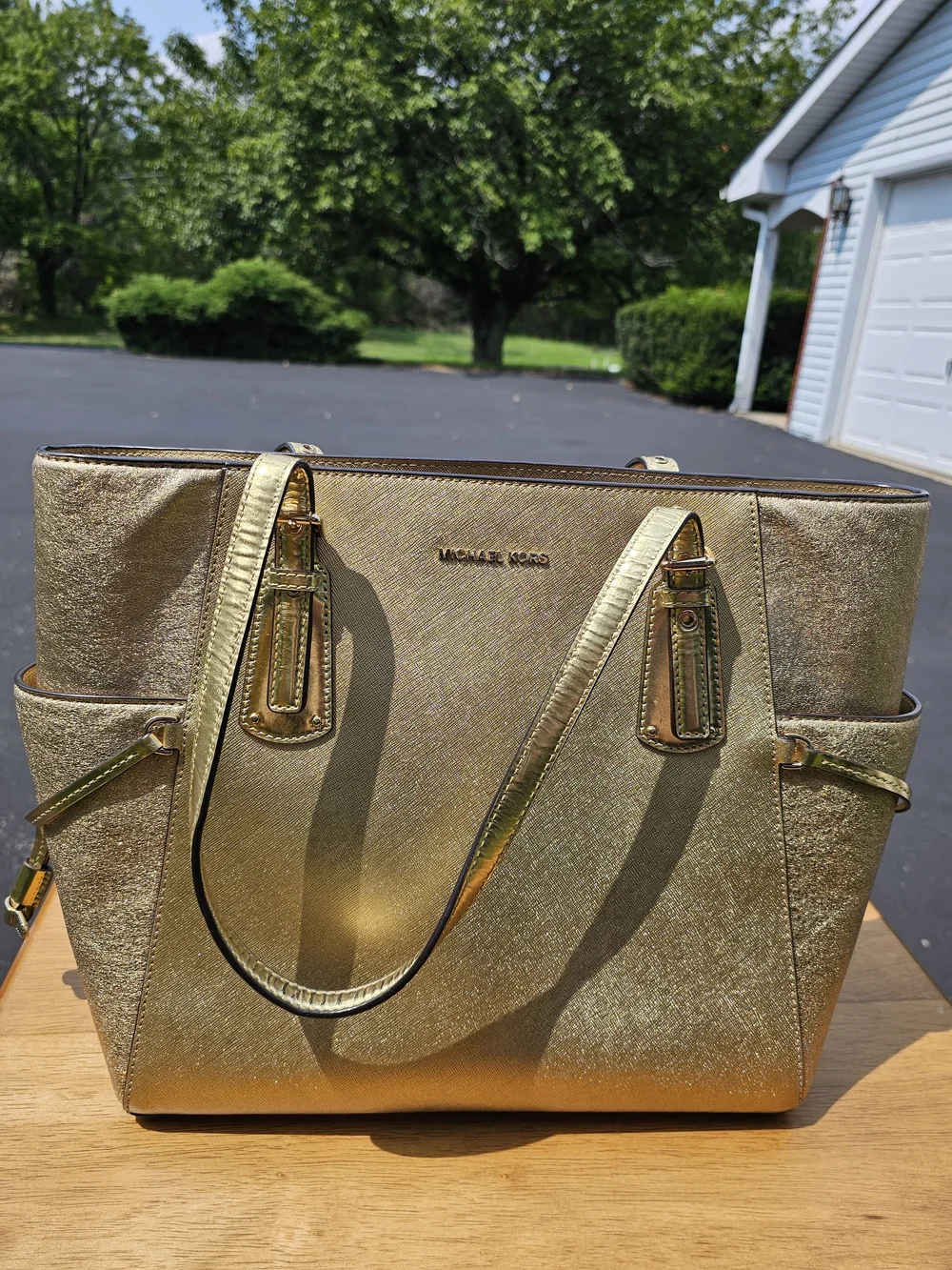 Michael Kors Metallic Gold Saffiano Tote with Side Pockets